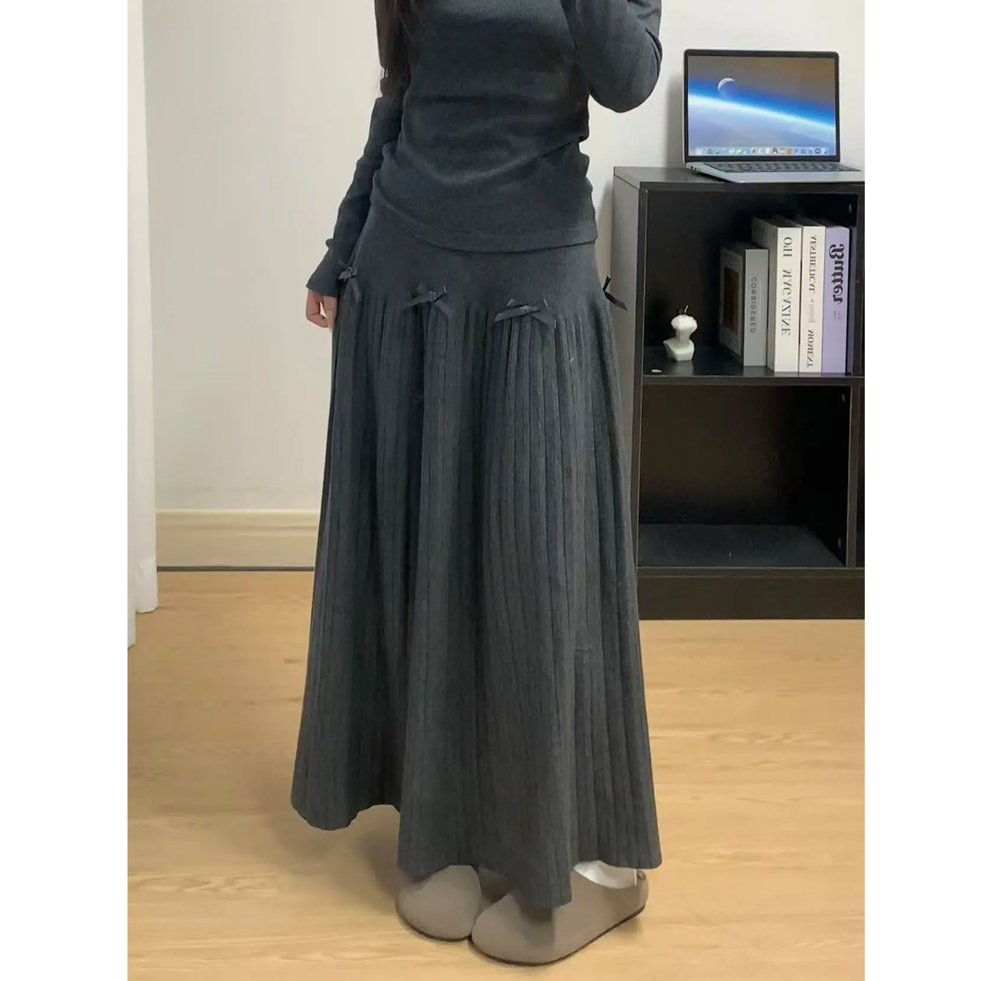 大码肥妹妹mm灰色蝴蝶结针织半身裙女秋冬百褶a字裙中长款大摆裙