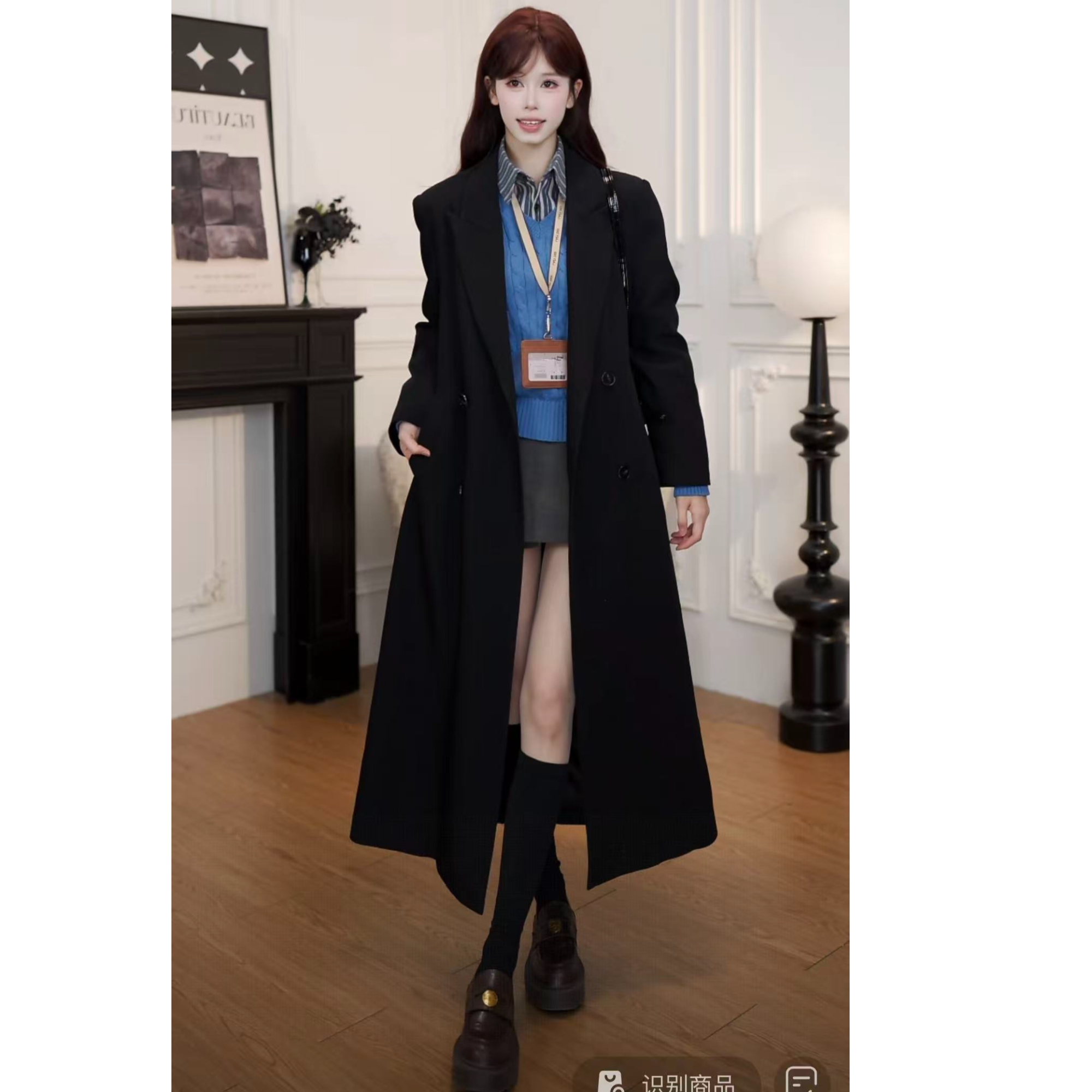 小小仟通勤风舒适保暖休闲直筒长款西装大衣