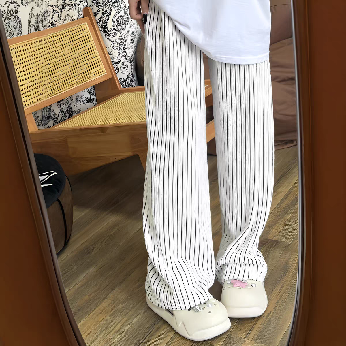 颗粒感宽松竖条纹高腰阔腿裤慵懒风女裤春夏休闲裤薄款直筒休闲裤