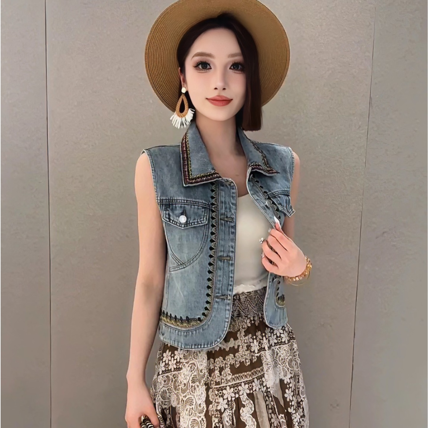 欧货2025夏装新款时尚复古牛仔套装裙刺绣马甲女