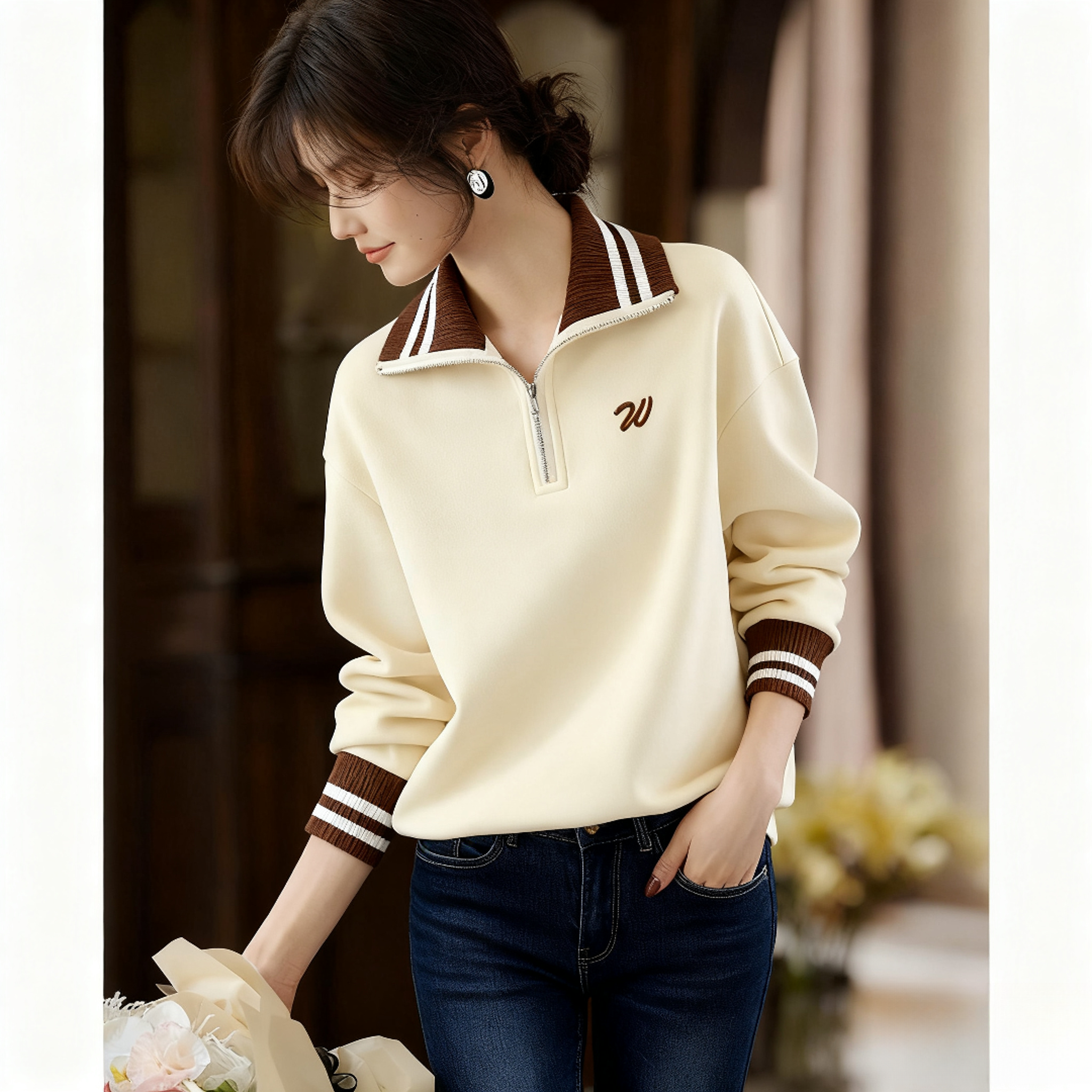 假两件半拉链Polo翻领卫衣女士春秋薄款打底小衫休闲长袖T恤上衣