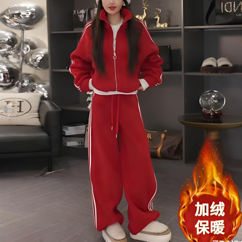 黄薇倪羊羔绒加厚秋冬套装女2026新款网红高级感休闲运动两件套