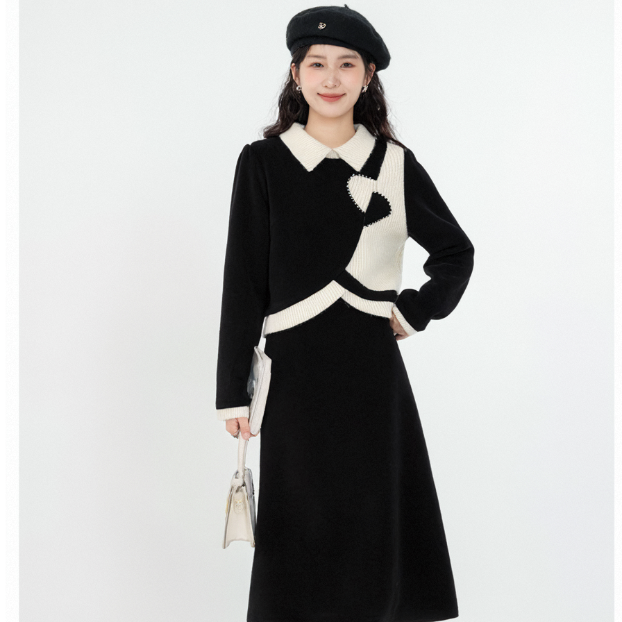 奢姿大码女装2025冬款显瘦时尚气质小香风爱心拼接绣花翻领连衣裙