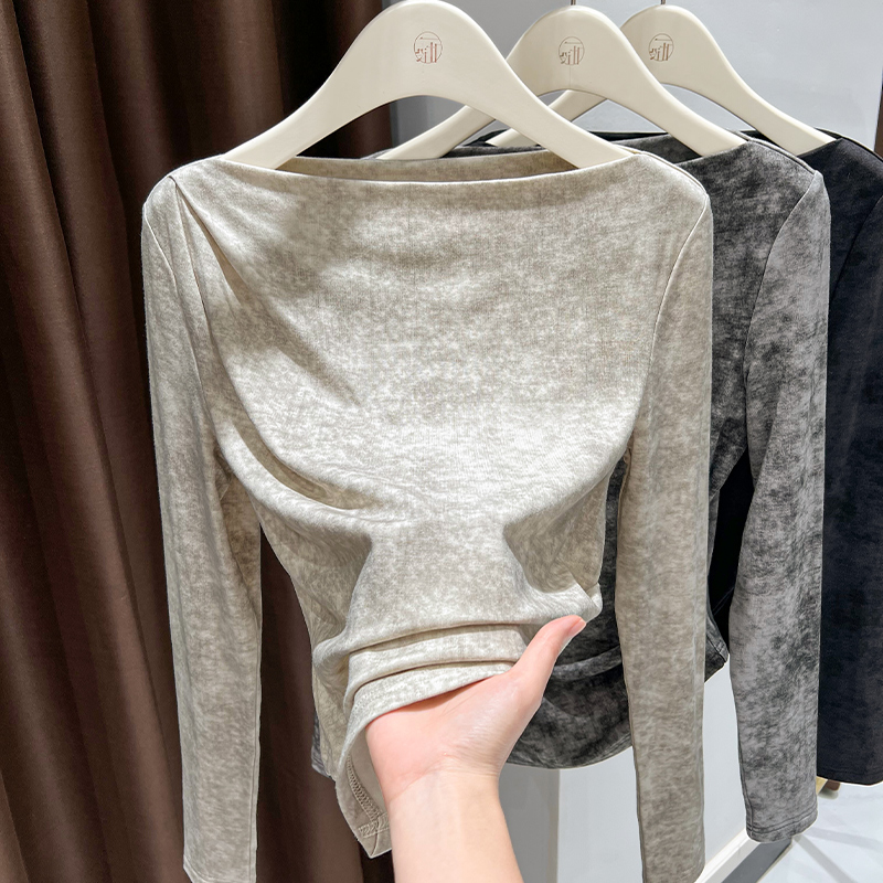 水墨扎染一字肩露锁骨长袖T恤女2025新款设计感辣妹修身显瘦上衣