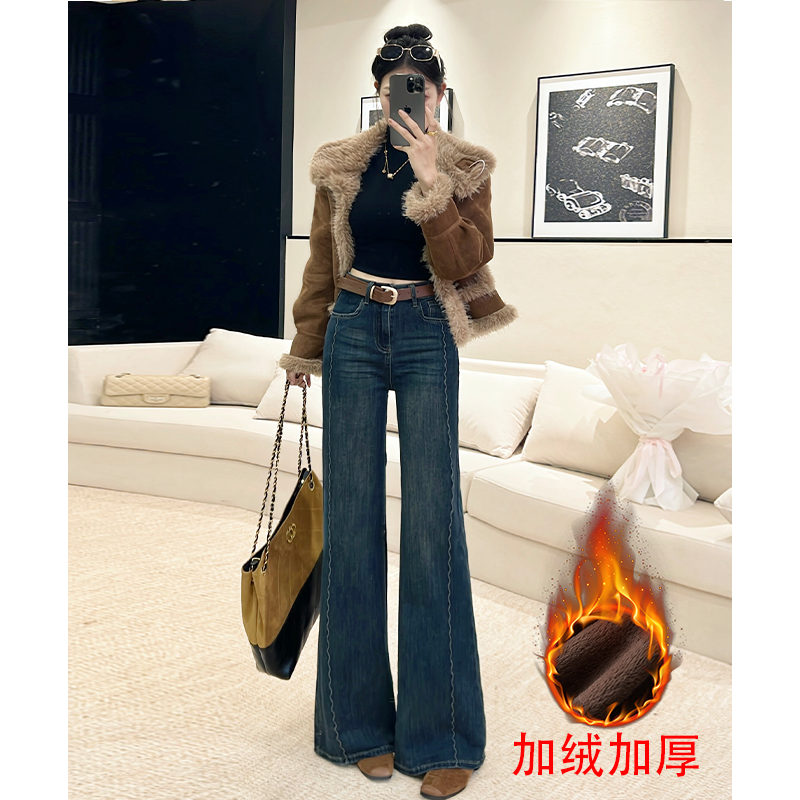 乔栈复古刺绣微喇牛仔裤女秋冬加绒加厚高腰显瘦小个子松弛感长裤