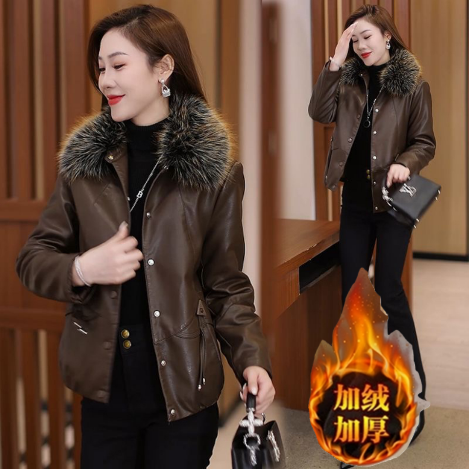 【加绒带毛领款在这里拍】2025冬季短款时尚皮衣女加厚夹克带毛领