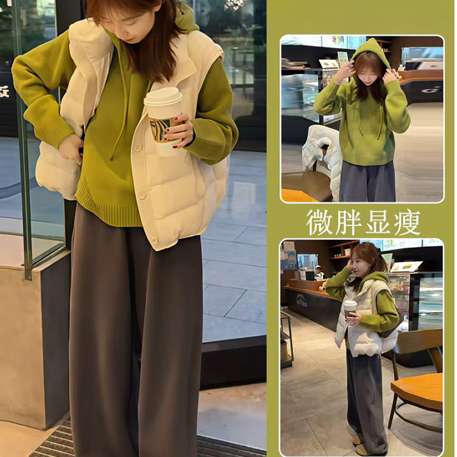 冬季一整套穿搭高级感宽松棉服马甲连帽针织毛衣加绒休闲裤套装女