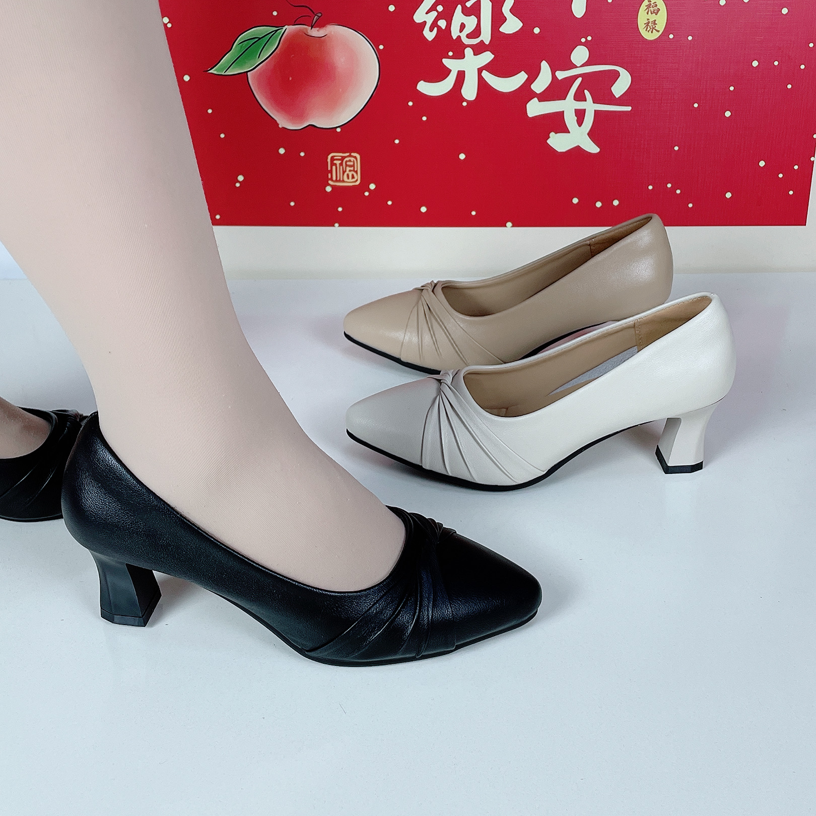 5公分-2025新款浅口耐磨粗跟低跟尖头马蹄跟单鞋时尚夏季性感女士