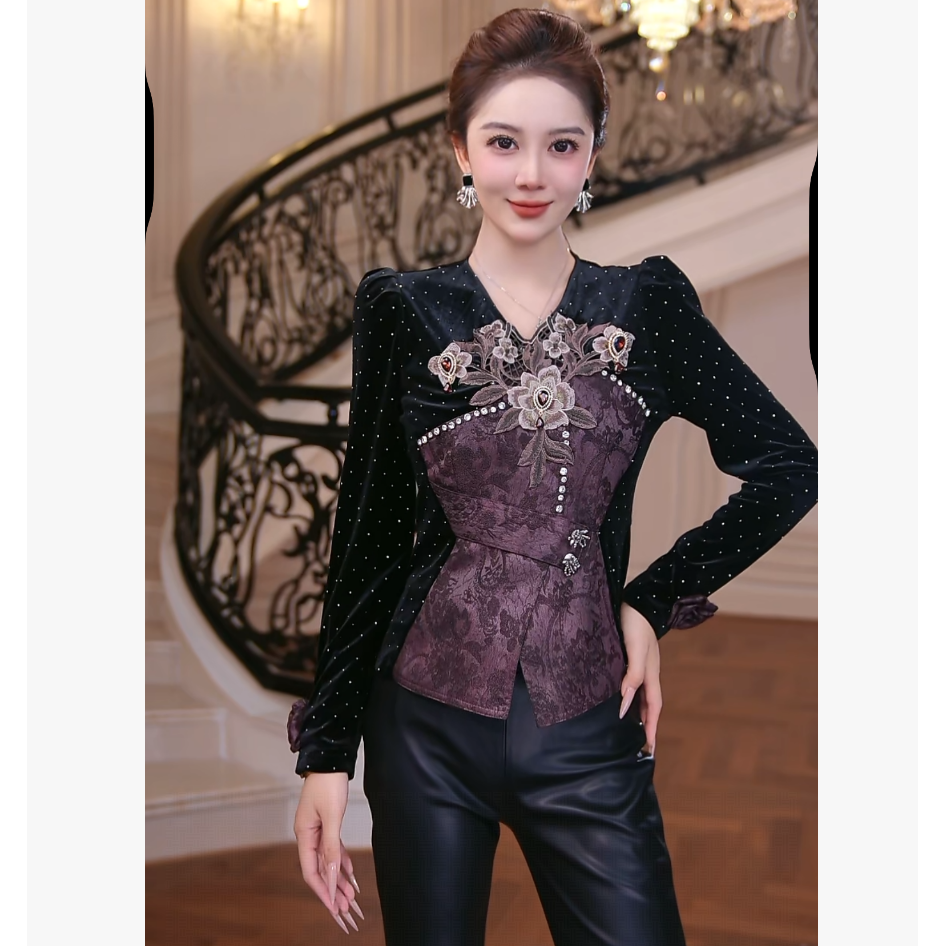 【芙娜妮】v领黑色拼接绒面长袖设计感针织衫女装2025上衣F2531107A