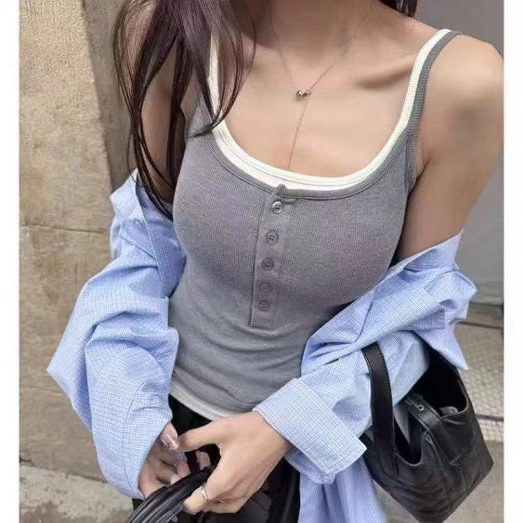 美式复古系扣撞色假两件吊带灰色慵懒风背心少女风极简风休闲风