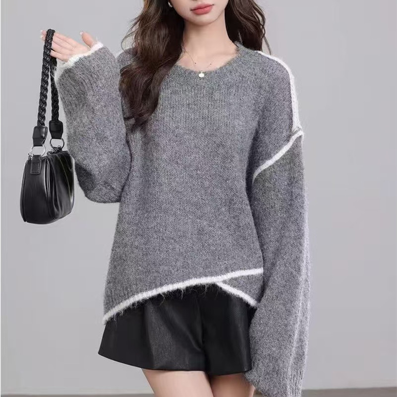 设计感不规则撞色毛衣女新款秋宽松慵懒风软糯高级感套头针织衫