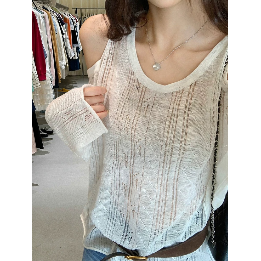 2025夏季新款温柔风圆领镂空露肩长袖薄款针织防晒罩衫上衣