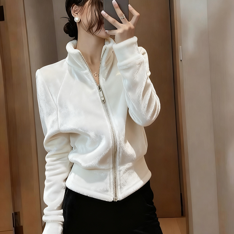 小个子白色立领短款丝绒外套2025秋冬新款超好看气质掐腰外穿上衣