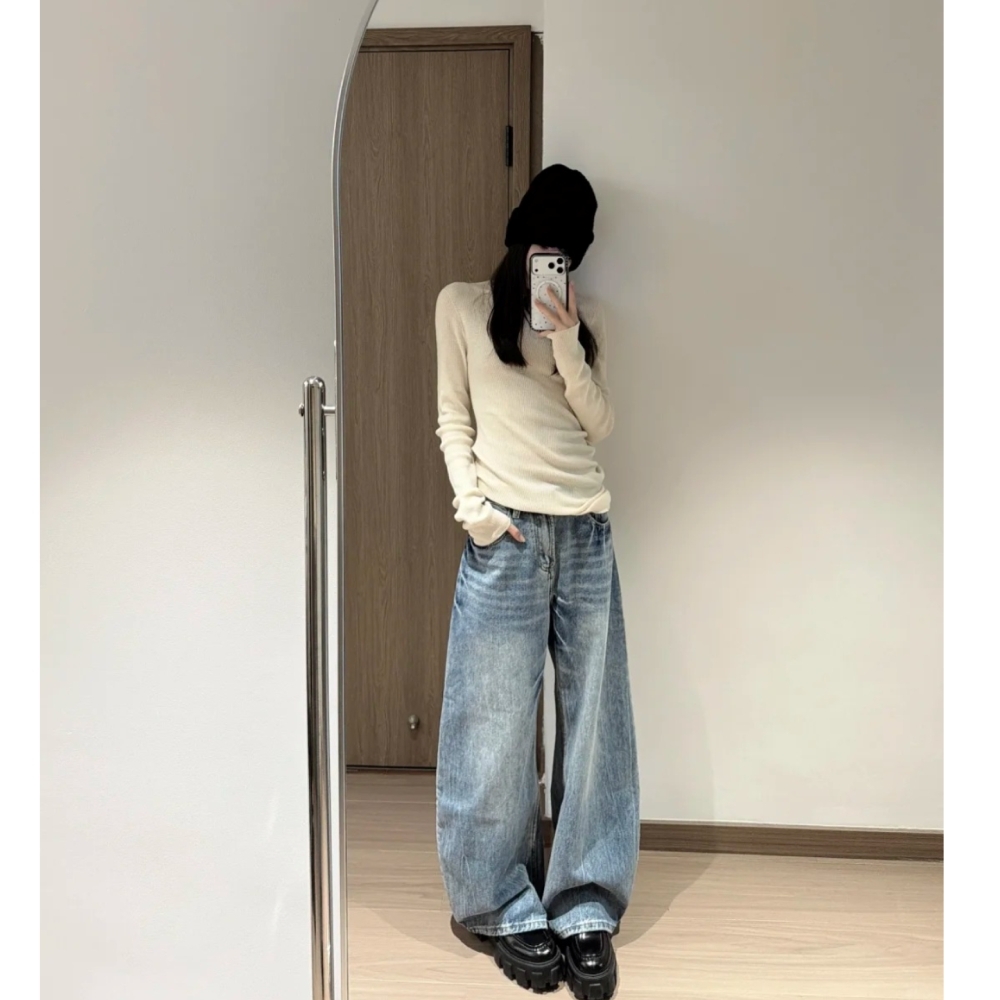美式复古慵懒感辣妹弯刀牛仔裤女2025冬季新款显瘦宽松阔腿拖地裤
