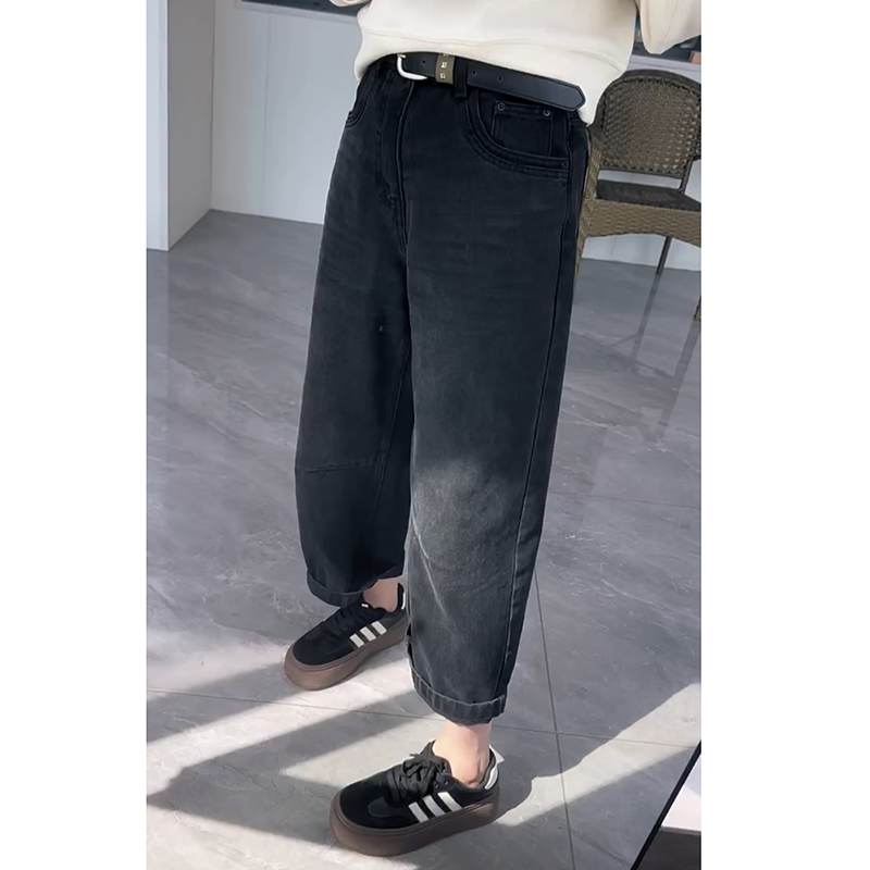 黑灰色直筒牛仔裤女2025年秋季新款大码高腰显瘦九分哈伦老爹裤子