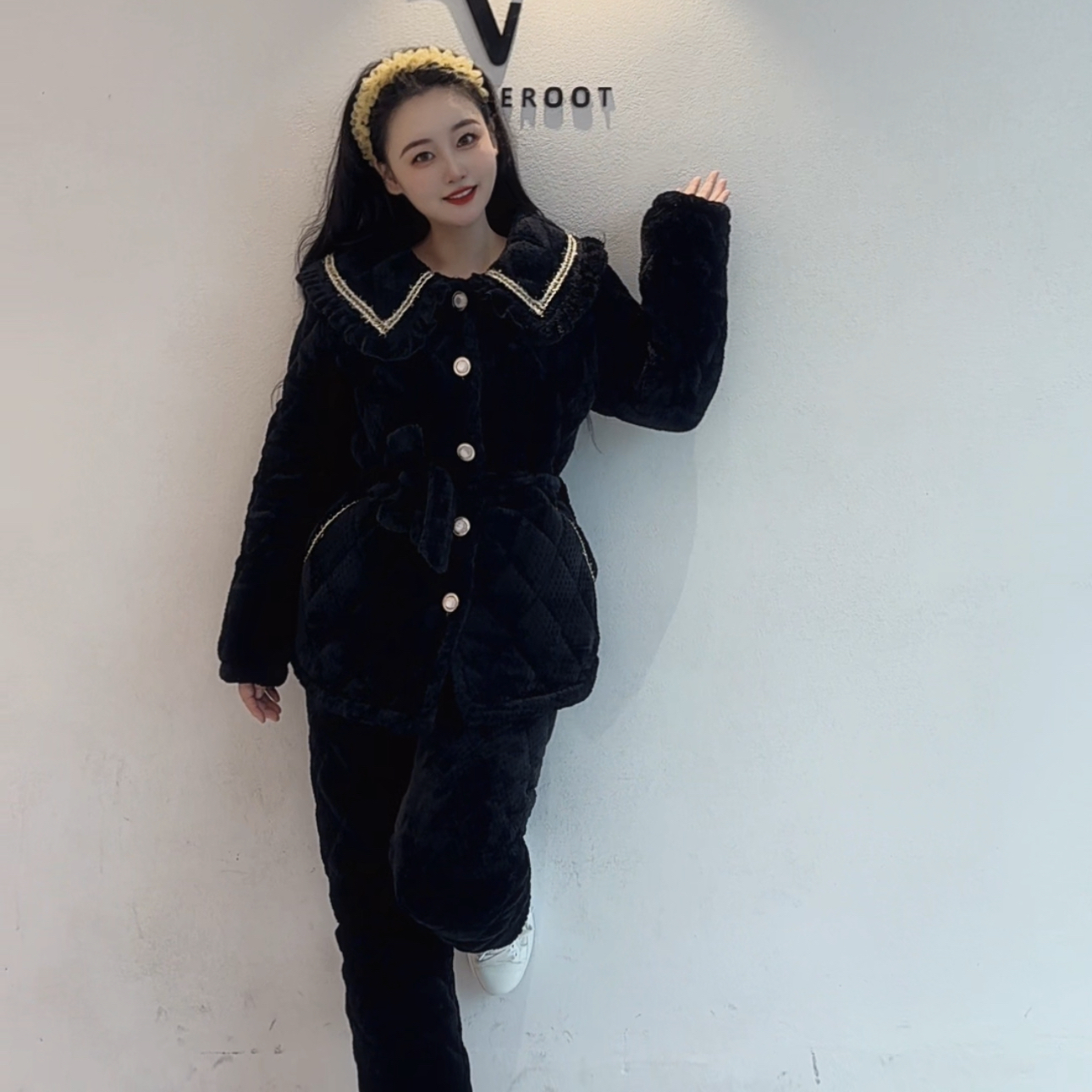 爆款金边小香风网红新款三层夹棉加厚加绒睡衣家居服套装女可外穿