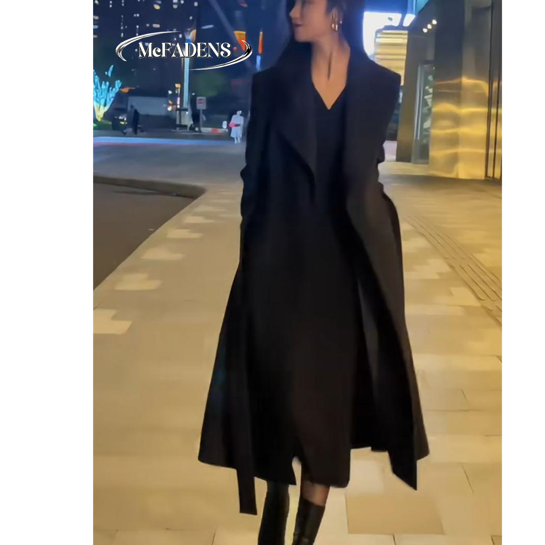 大码女装胖妹妹简约时髦风衣外套秋冬过膝长款系带翻领大衣外套潮