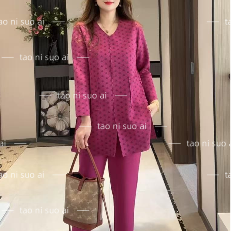 2003（套装）气质法式V领经典皇冠中长款上衣+裤子两件套