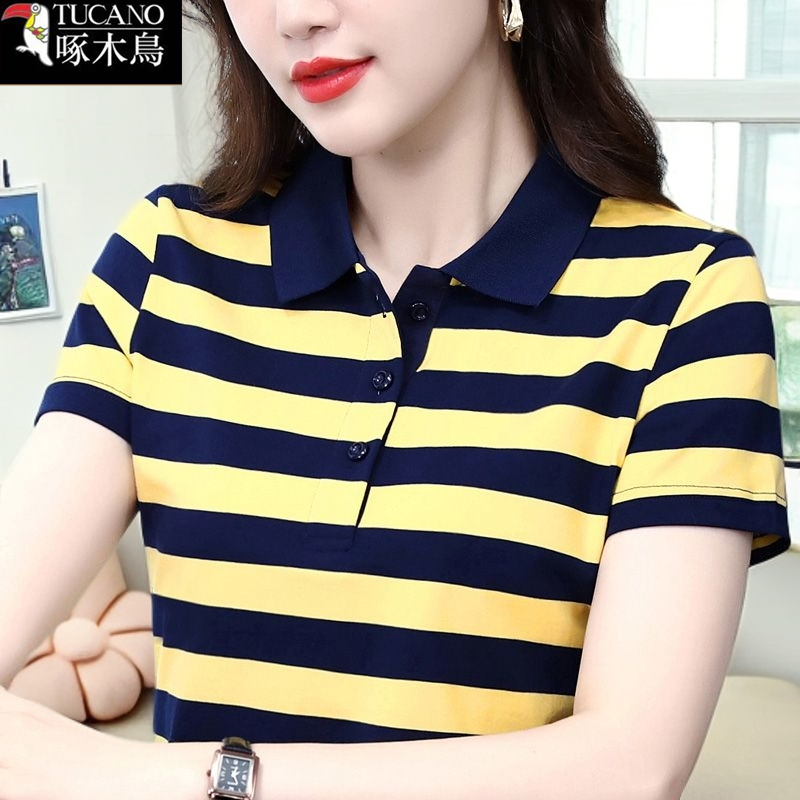 啄木鸟新款款短袖翻领条纹设计感T恤2025年夏季女装减龄拼接上衣