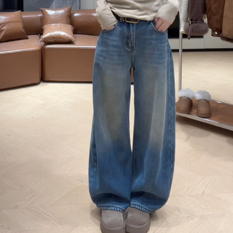 冬季加绒做旧复古宽松弯刀裤潮流高腰牛仔裤LK2508057