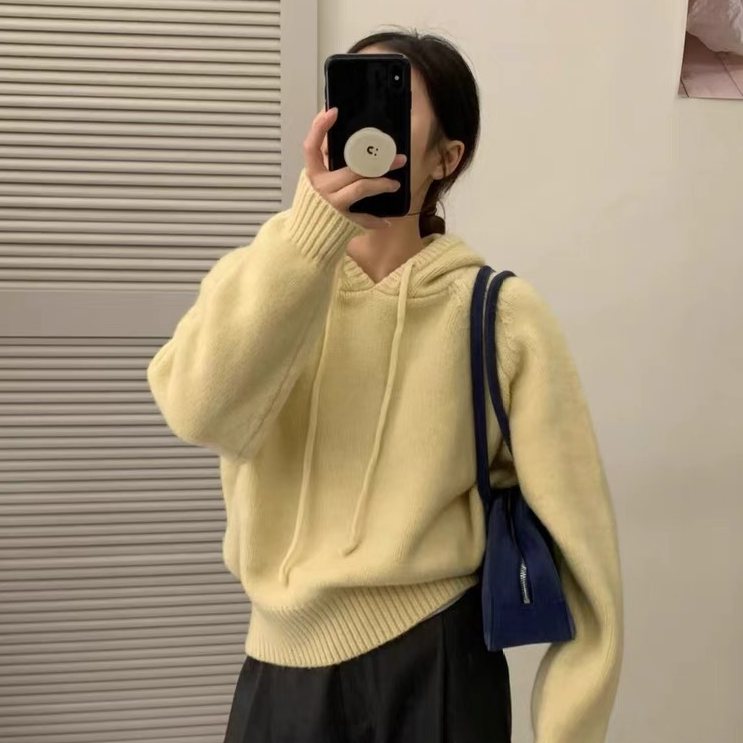 韩系简约连帽毛衣女秋冬新款温柔风宽松长袖套头针织衫欧洲站上衣