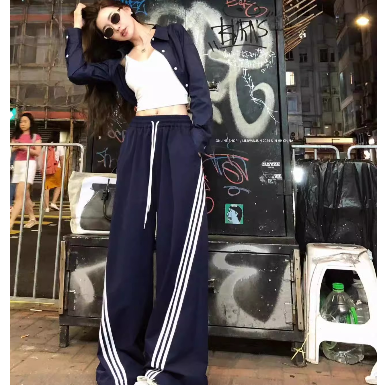 高街美式休闲三条杠卫裤欧美街头潮流风酷帅显瘦阔腿裤