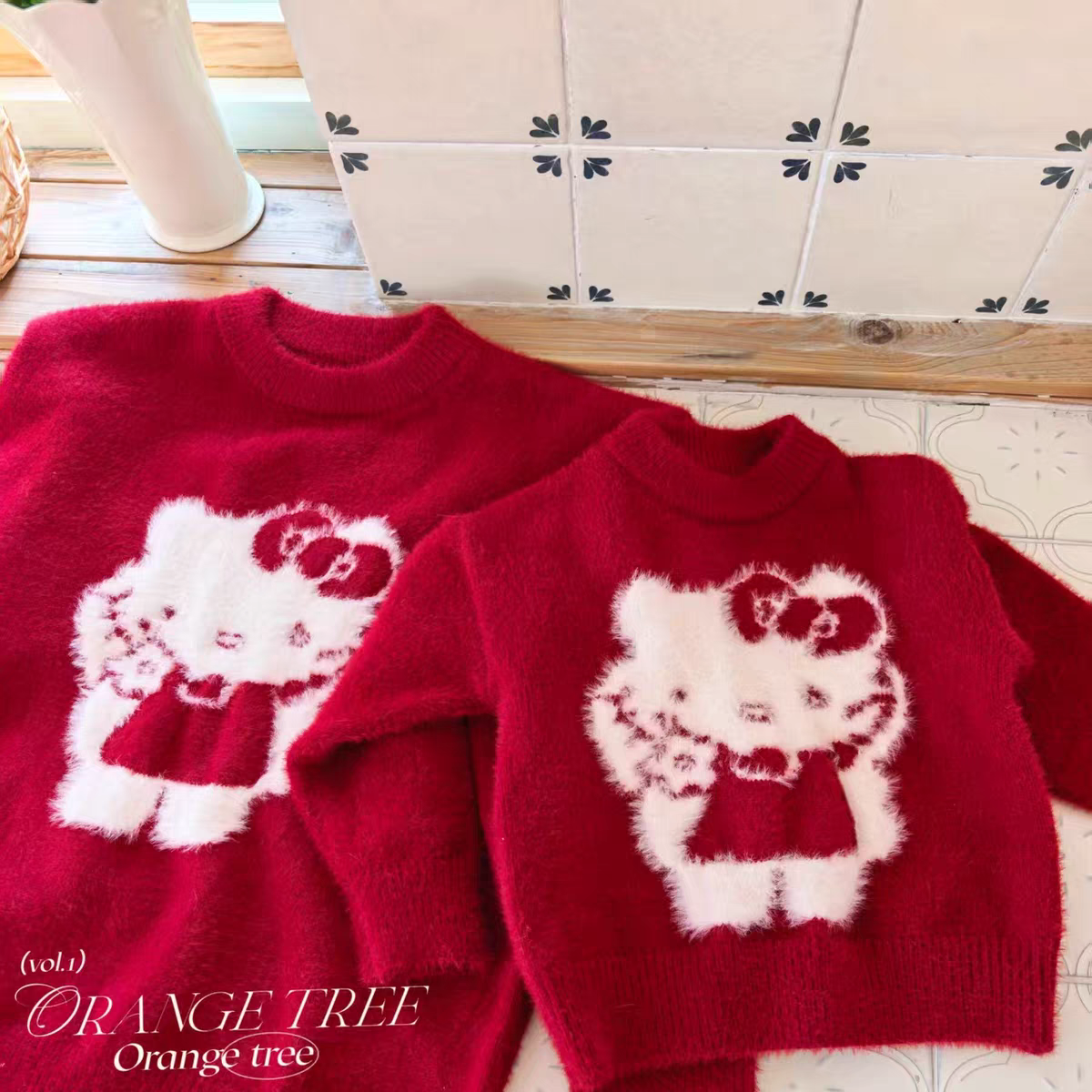 亲子毛衣25秋冬韩版儿童女宝红色kitty猫咪可爱圆领套头针织衫