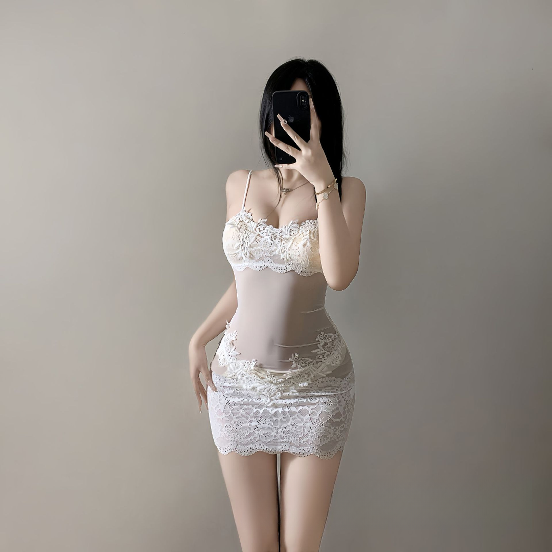 【蜜桃】新品女蕾丝花边吊带连衣裙透视穿搭性感睡裙裙子度假风长裙