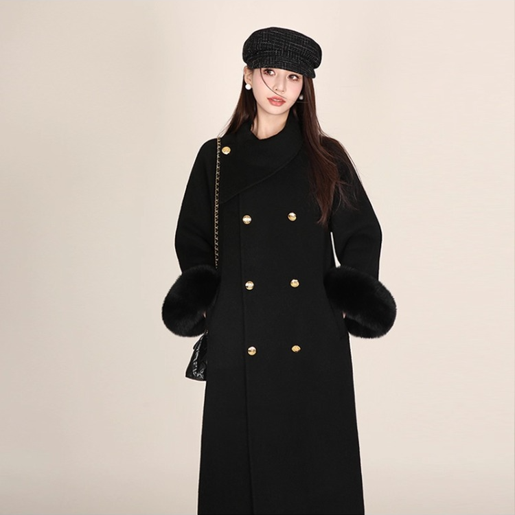 黑色狐狸毛双面大衣女2025冬季新款韩系千金中长款毛呢外套