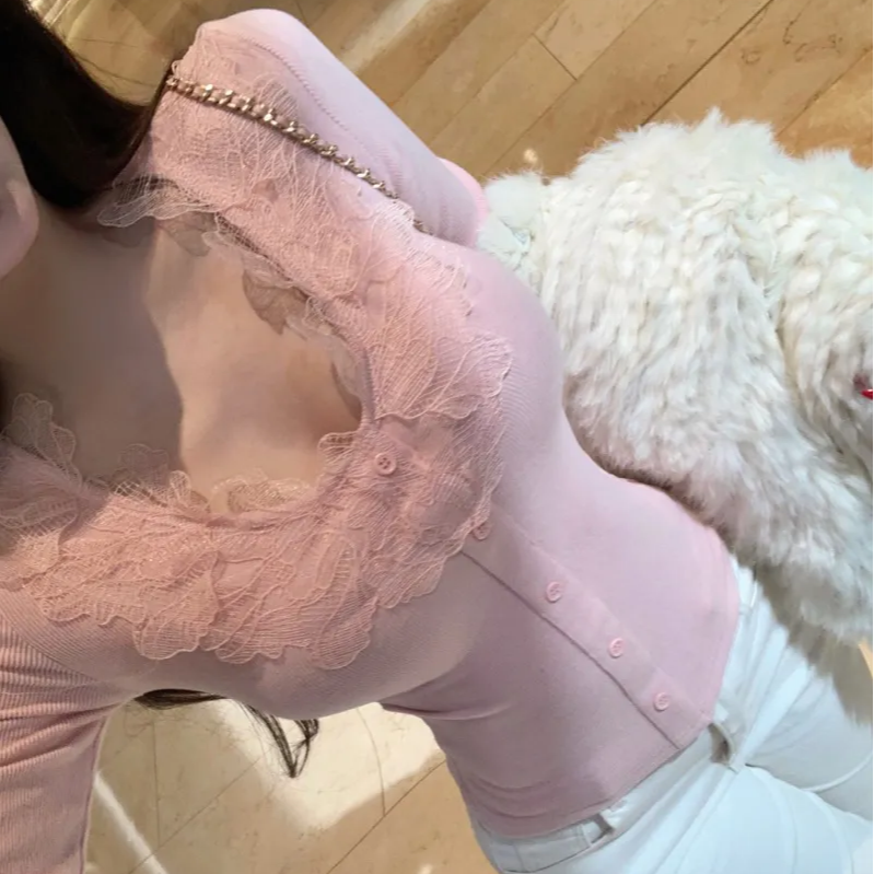 【星河凝落】绝美蕾丝花边拼接V领长袖上衣女纯欲修身显瘦打底衫