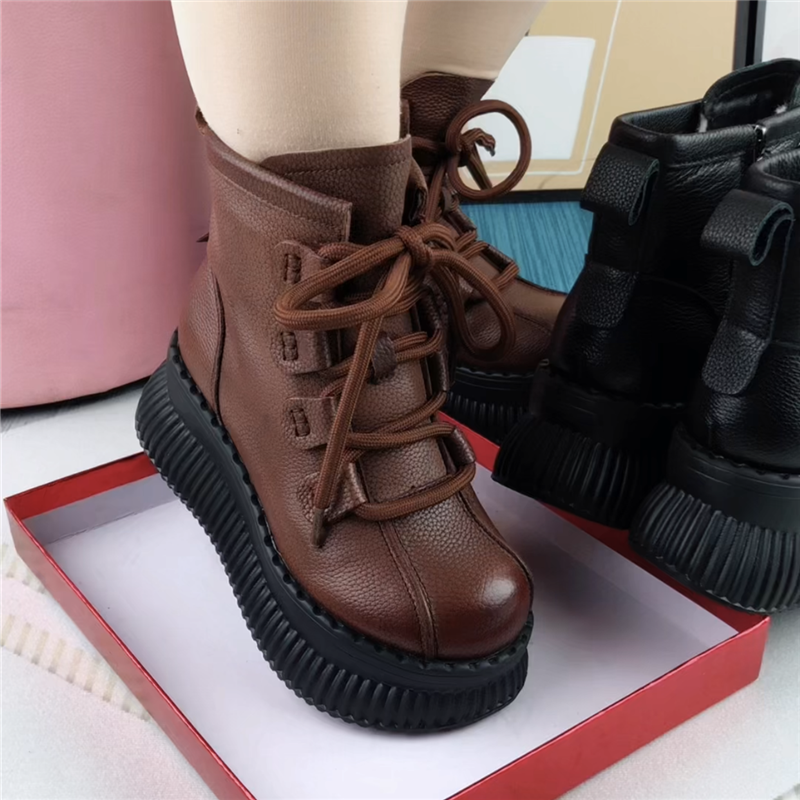 短靴女真皮厚底圆头靴子女休闲棉鞋女冬加绒轻便羊毛软底马丁靴女