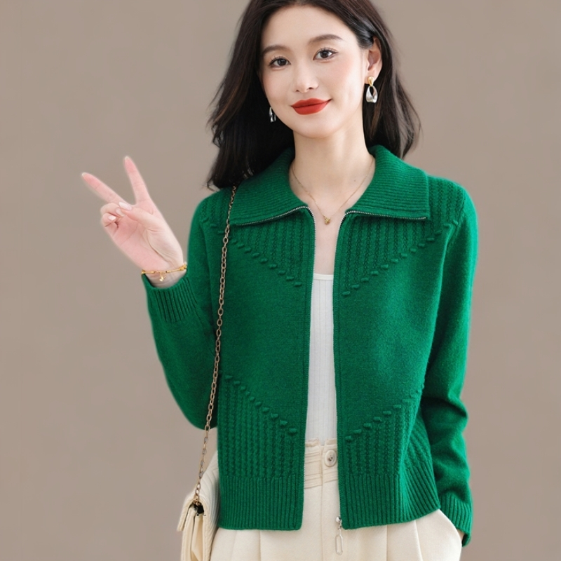 高级感气质翻领拉链针织开衫女秋冬新款宽松外搭提花洋气外套毛衣