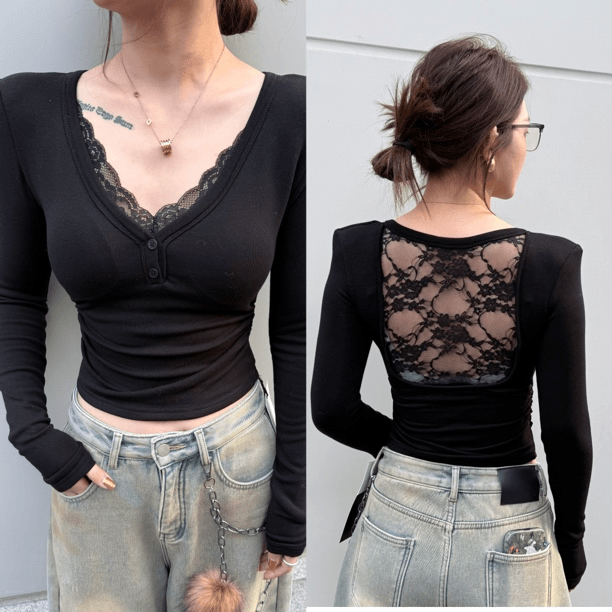 磨毛V领后背蕾丝镂空内搭t恤女秋冬性感辣妹显瘦加绒上衣打底小衫