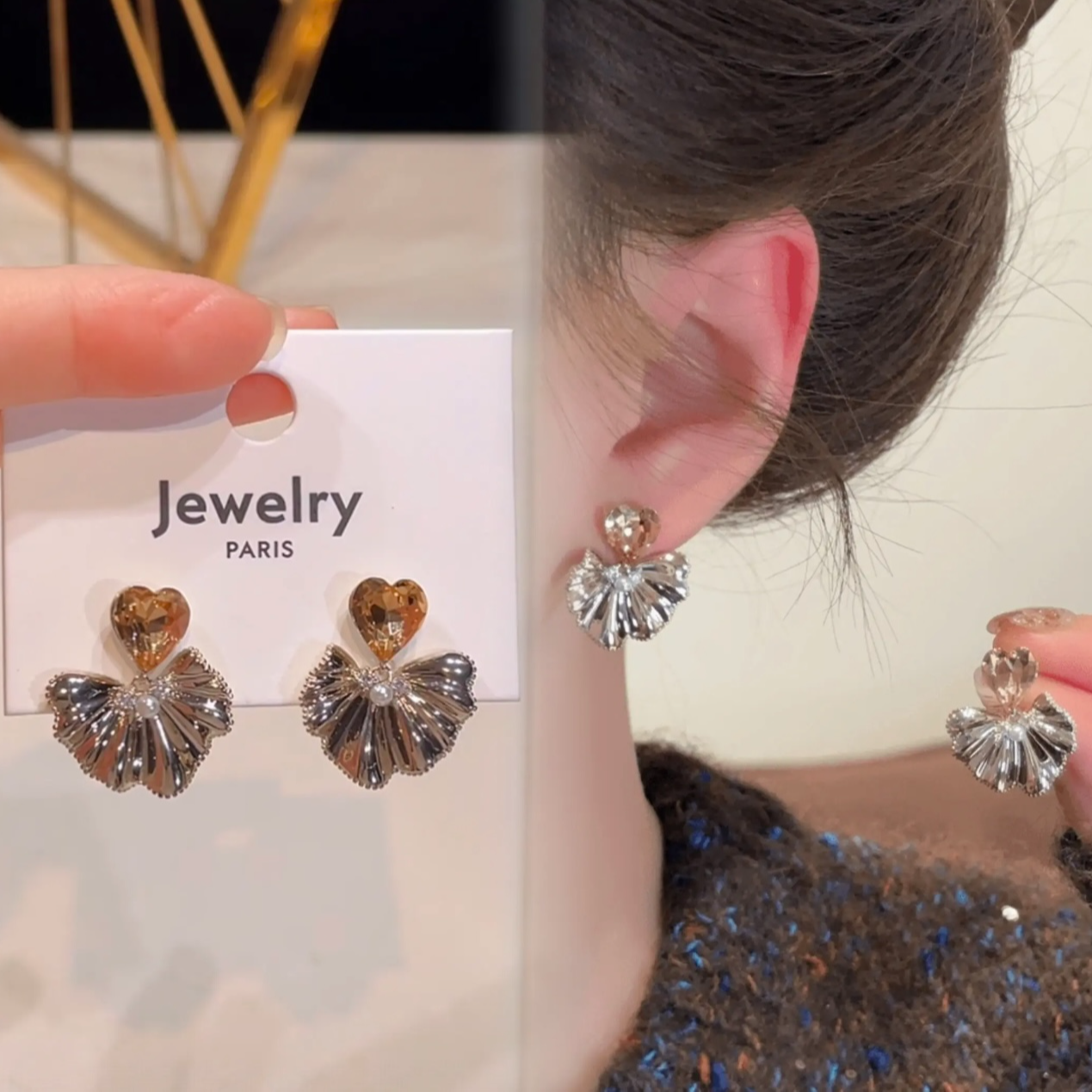 锌合金耳饰 撞色香槟色爱心心型银杏叶耳环精致独特气质百搭