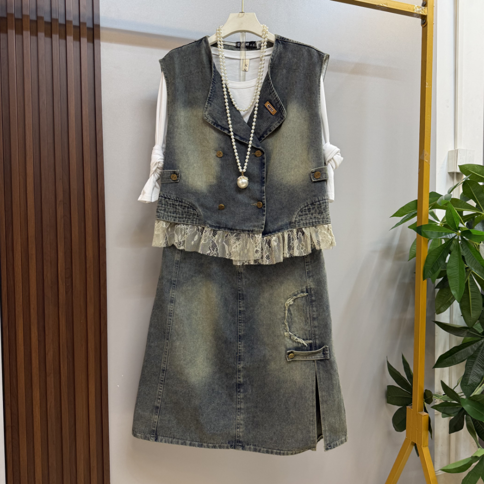 新款大码女装欧货洋气蕾丝花边牛仔马甲半身裙两件套套装