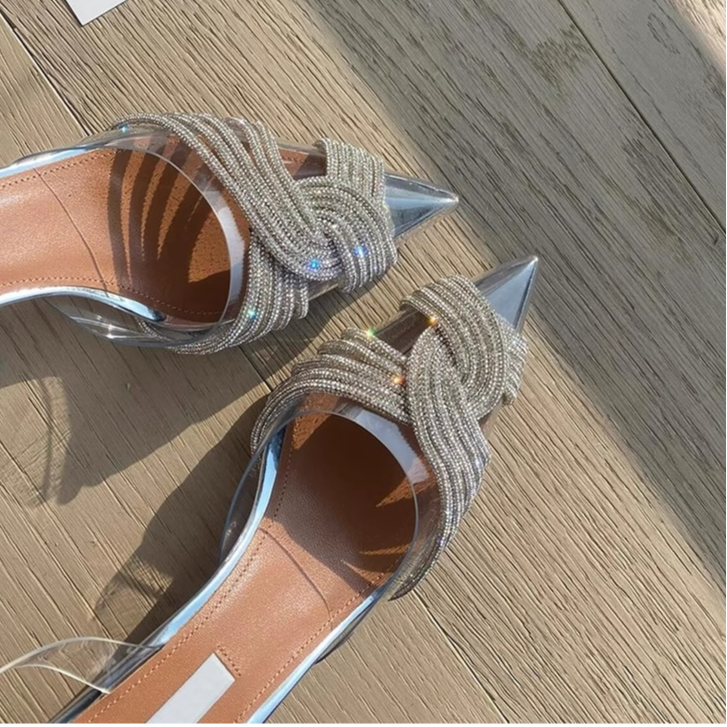 夏季新款尖头浅口PVC透明水钻一字带平底凉鞋仙女风包头水晶鞋女