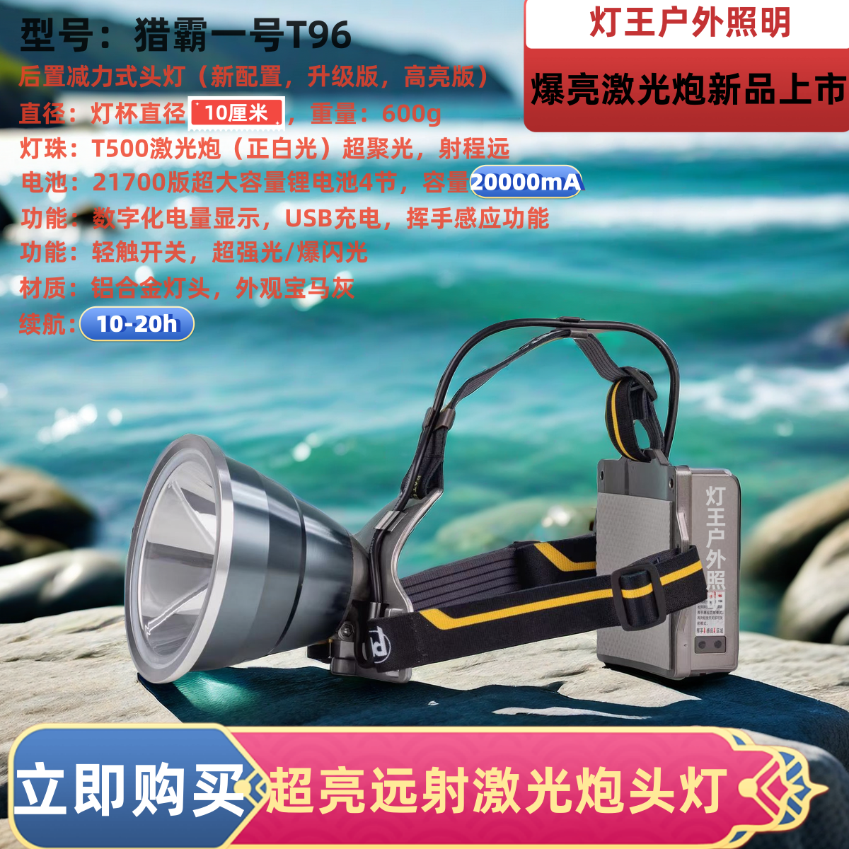 新款T96小光斑进口锂电超亮远射激光炮户外赶海