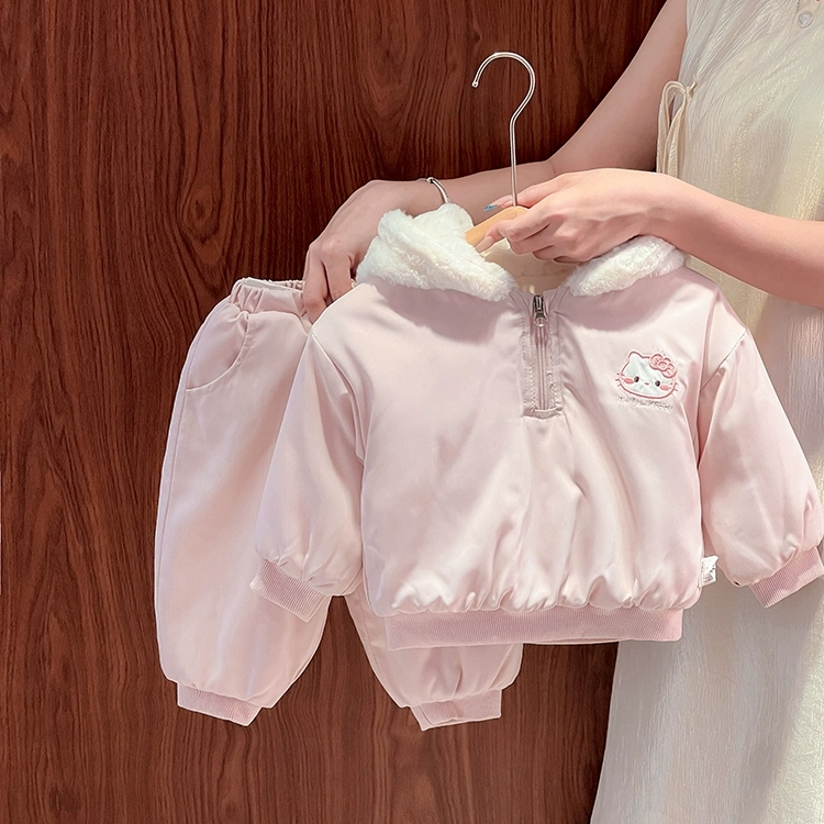 女童套装加绒加厚套装2025韩版可爱冬款女童加绒加厚两件套