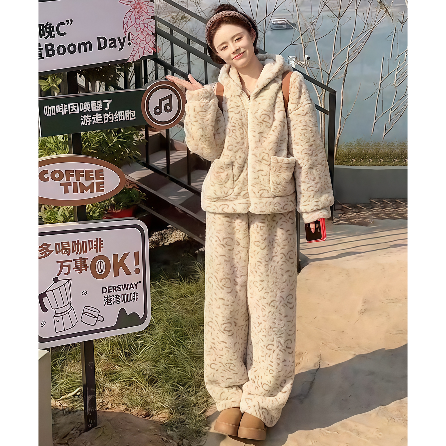 北极绒双面连帽豹纹睡衣女可外穿冬季2025新款加绒加厚休闲家居服