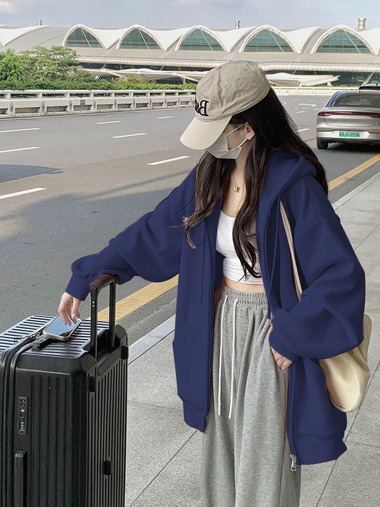 连帽卫衣百搭外套女长袖加绒加厚2025新款爆款韩系休闲拉链上衣