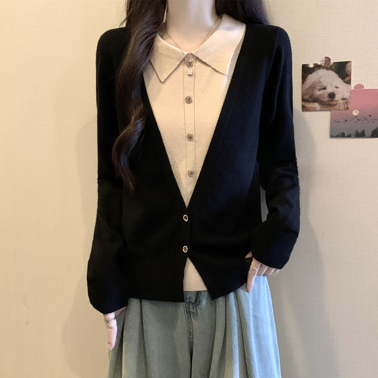 大码假两件POLO领长袖针织衫女春秋胖MM宽松显瘦百搭洋气打底毛衣