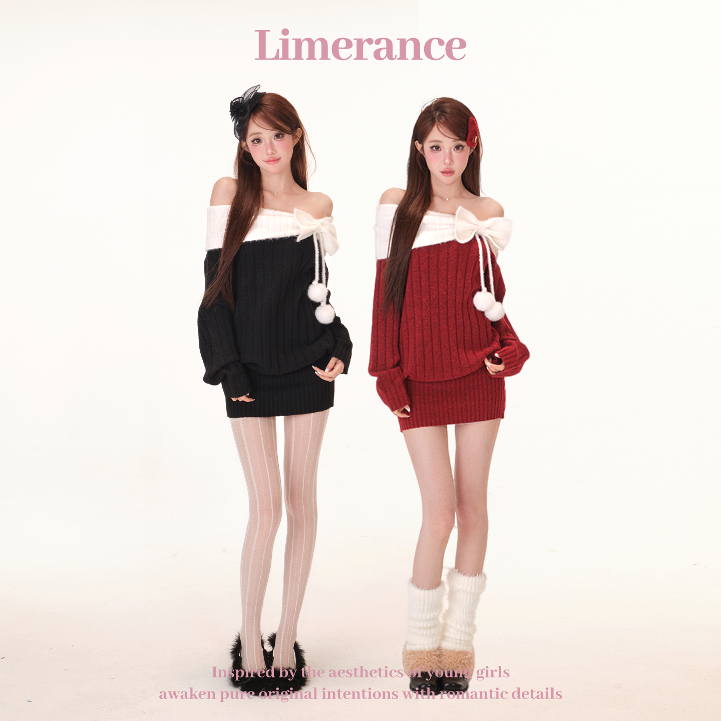 甜梨呆呆雪球绒绒 【圣诞系列】一字肩蝴蝶结毛球氛围感连衣裙秋冬