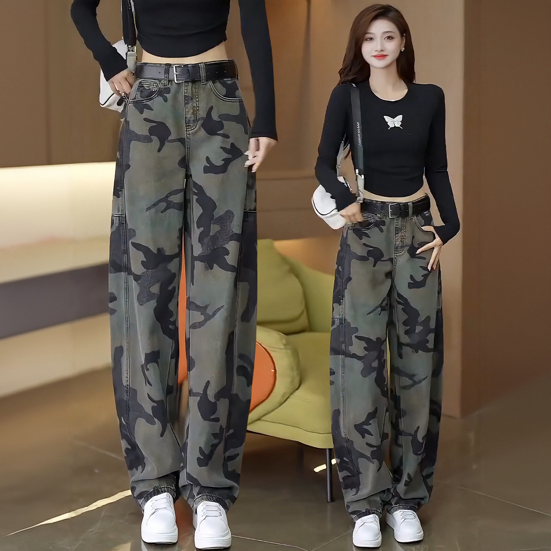 迷彩牛仔阔腿镰刀裤女2025年春秋季新款流行爆款高腰直筒弯刀裤子