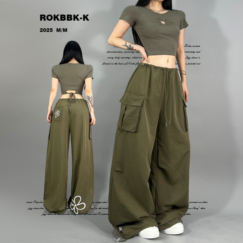 ROKBBK-K布韩街舞潮牌军绿色美式街头宽松休闲显瘦爵士舞长裤女