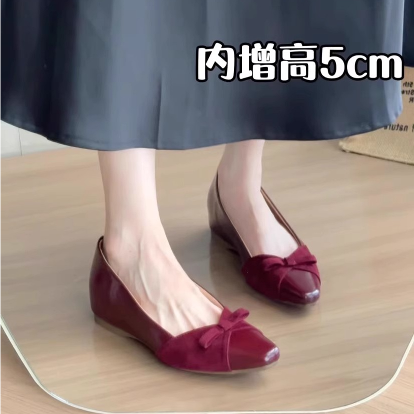 内增高5cm气质蝴蝶结漆皮单鞋女裸色一脚蹬通勤鞋软底玛丽珍女鞋