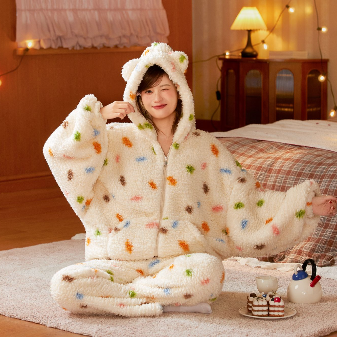 卡通睡衣女秋冬季法兰绒珊瑚绒加绒加厚拉链可外出连帽家居服套装