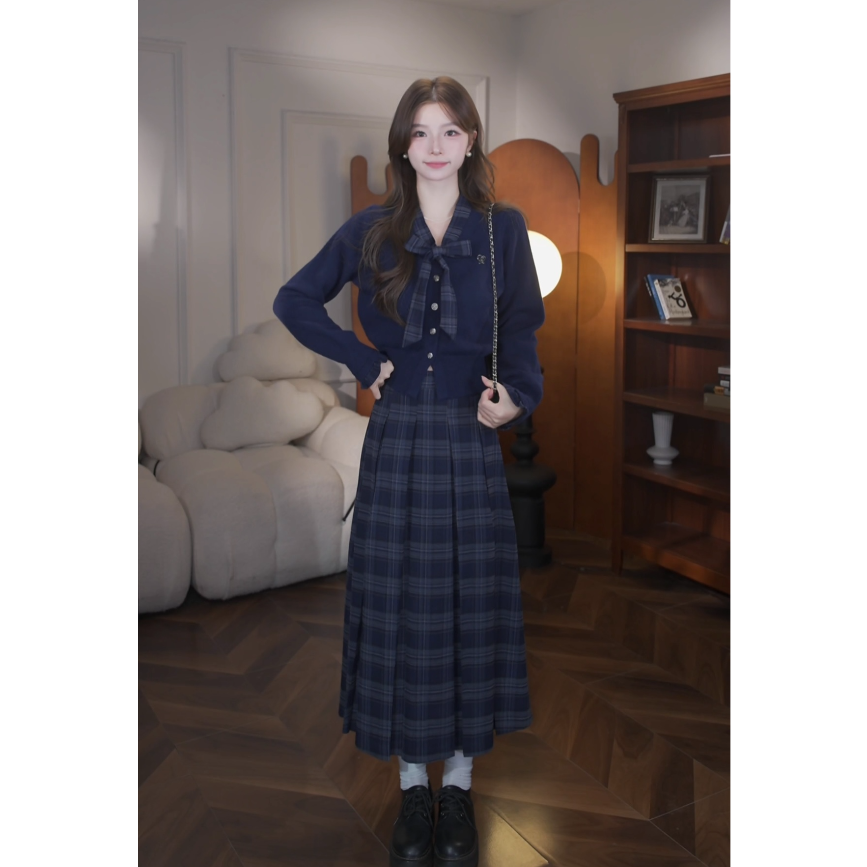 鹿向南【巴黎画廊】秋冬季新款韩系气质减龄毛衣开衫套装女半身裙