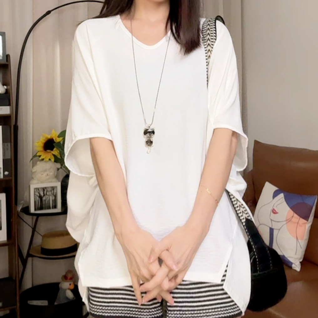 不规则小众设计感小开叉夏季显瘦宽松冰感防晒短袖打底T恤慵懒风