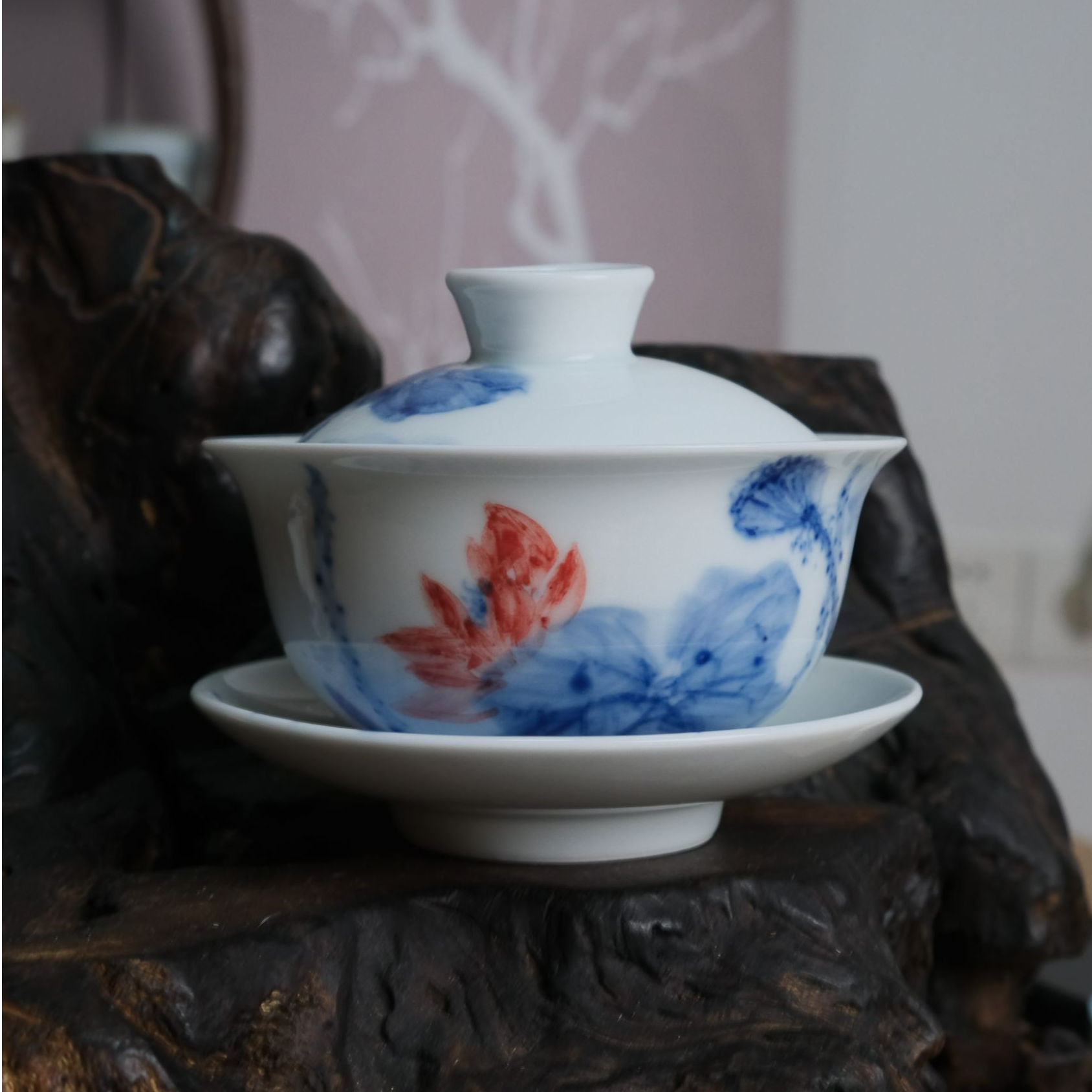 景德镇青墨轩 手工青花加彩荷花三才元宝盖碗