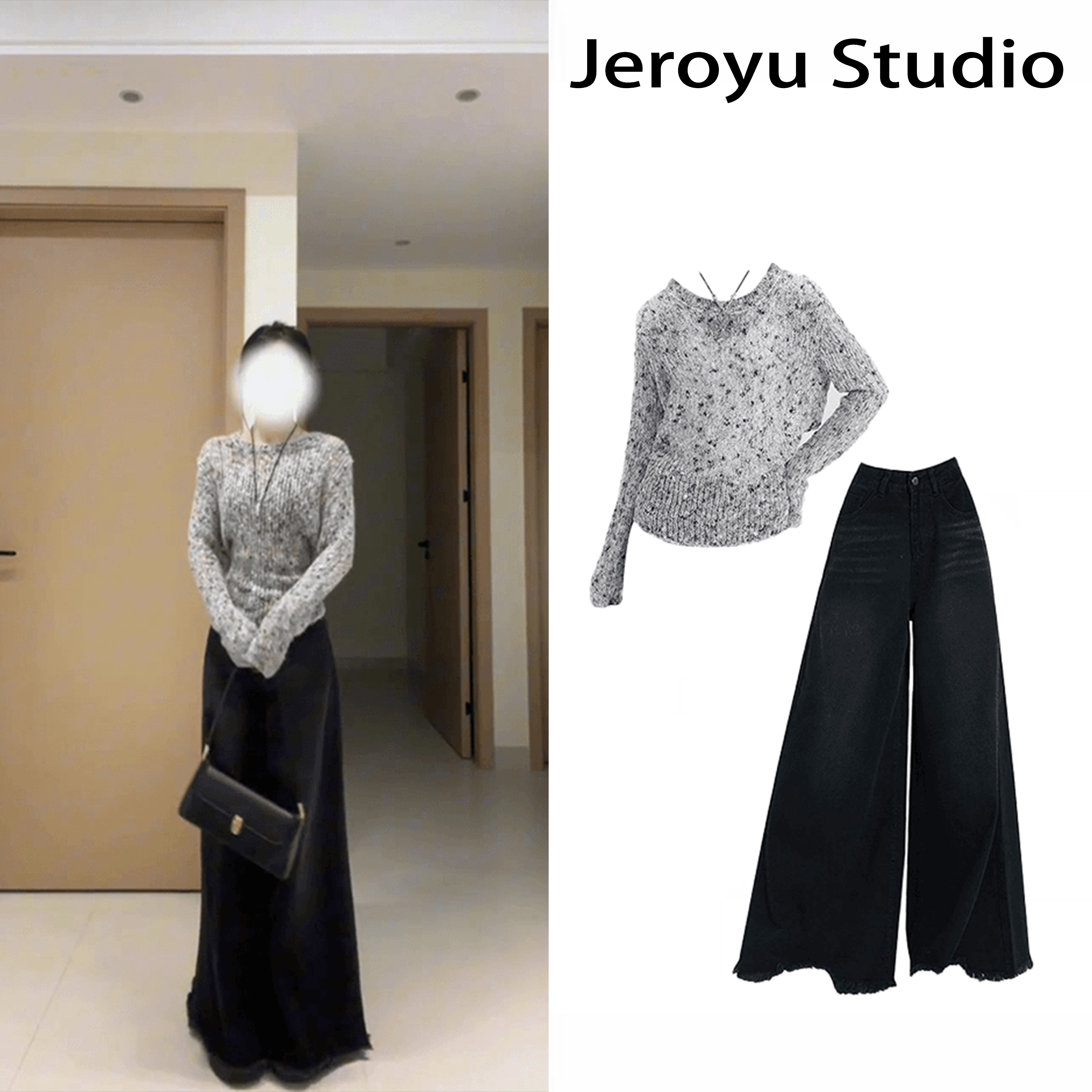 早秋季慵懒风后背绑带短款针织衫上衣女高腰宽松阔腿拖地长裤套装